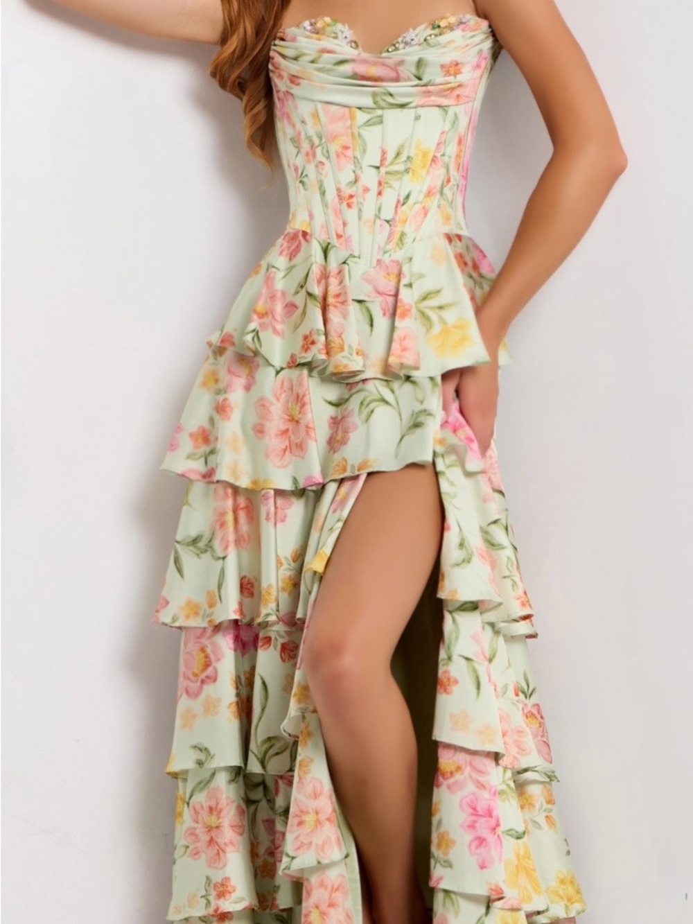 Jovani Tiered High-Slit Strapless Dress in Mint